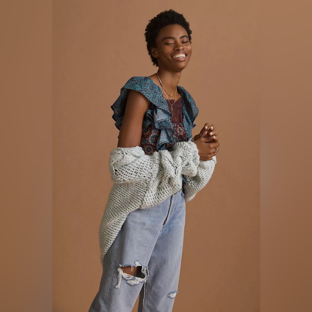 ANTHROPOLOGIE | NWT Porridge Gathered Lace Blouse Blue Pink Boho Ruffle Pattern